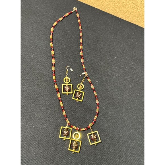 Handcrafted Ladybug Necklace & Earrings Set Red & Black Beaded With Gold Accent - Picture 2 of 8